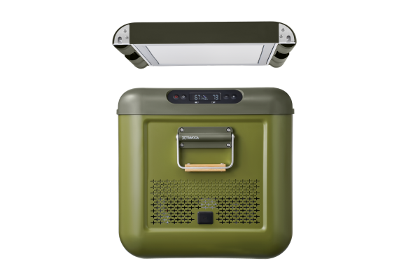 Green outdoor Travoca refrigerator with top-mounted light on a white background