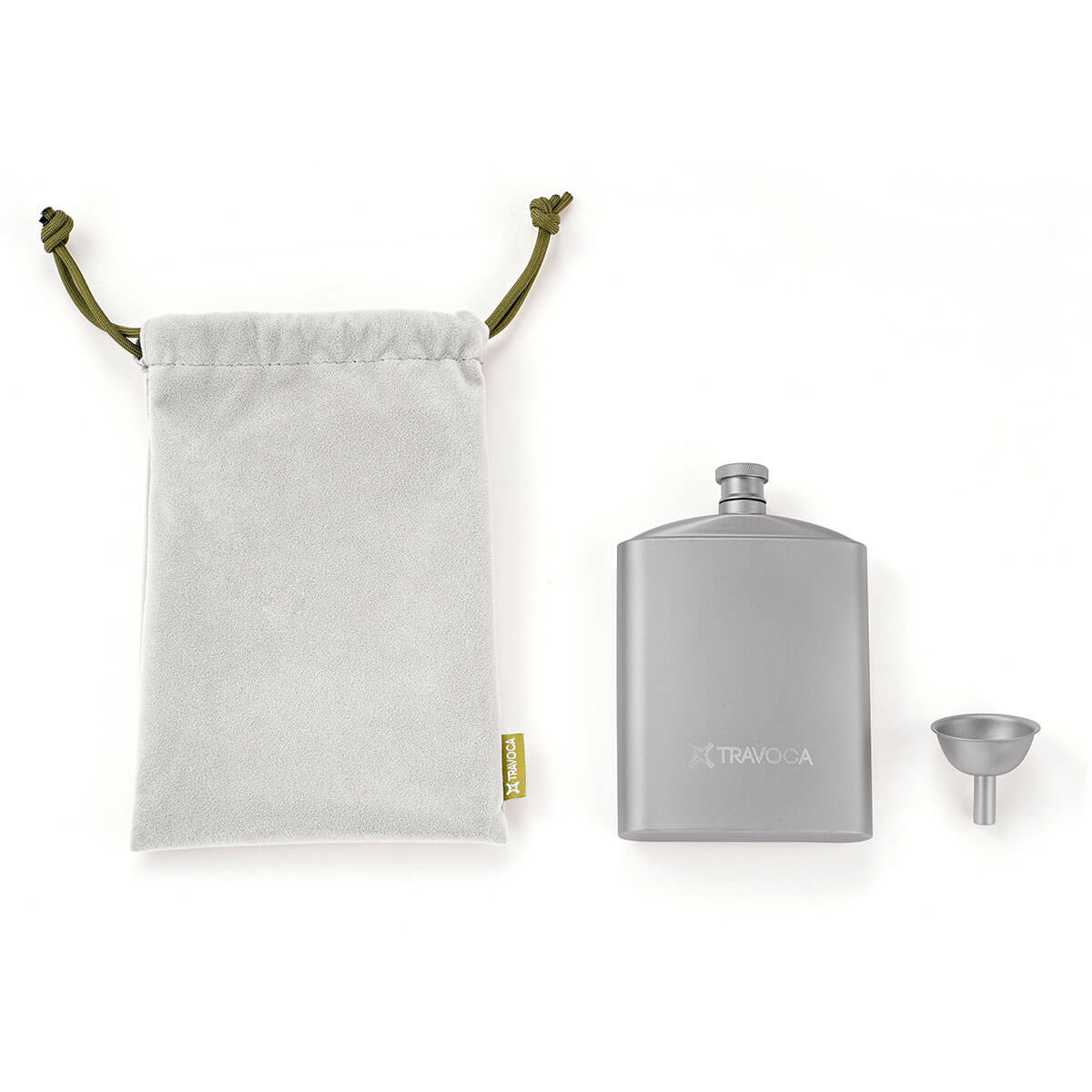 TRAVOCA Gemma titanium flask set including titanium funnel and soft carry pouch, ideal for camping, hiking, and outdoor gifting