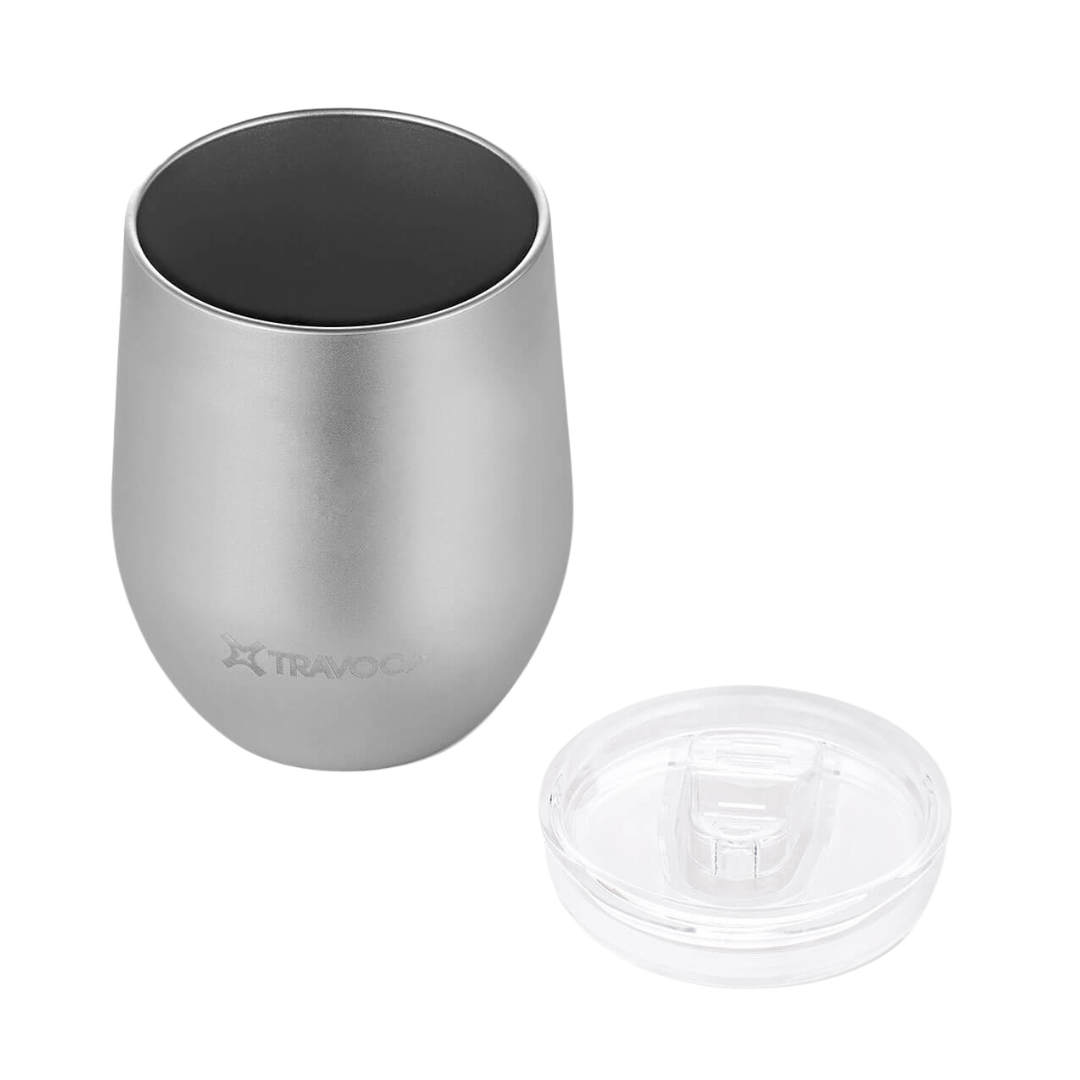TRAVOCA Gemma titanium tumbler with BPA-free transparent lid, double-wall design for spill-proof, durable, and temperature-stable drinkware.