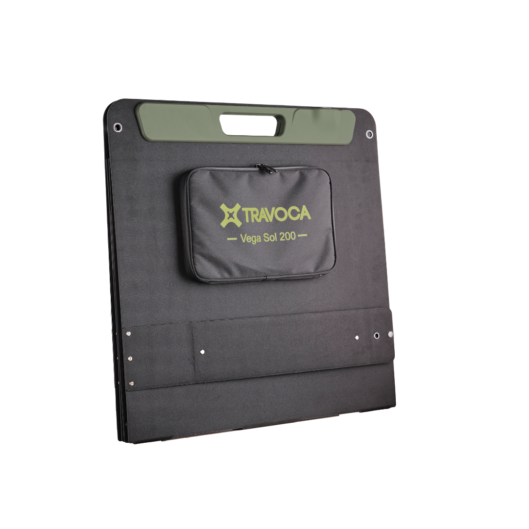 Foldable and portable solar panel TRAVOCA Vega Sol 200, ideal for camping, RV trips, and outdoor power supply.