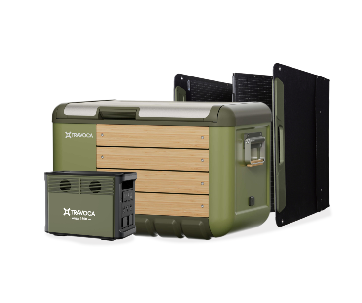 Travoca Basecamp Kit bundle in white background with 60L eCooler, Solar panel, and power station