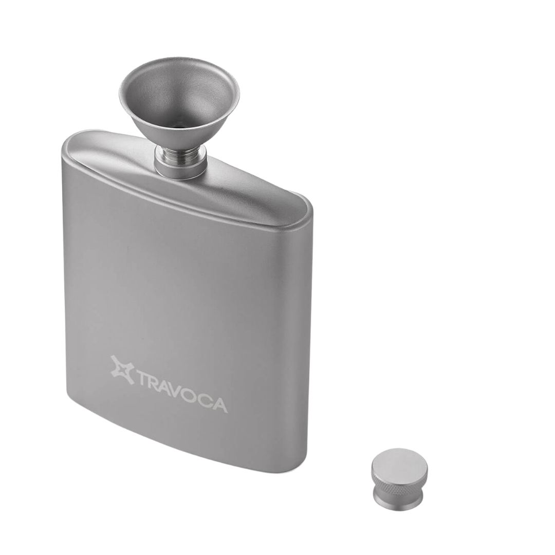 TRAVOCA titanium flask with titanium funnel and carry pouch, designed for camping, hiking, and outdoor adventures. Lightweight and durable.